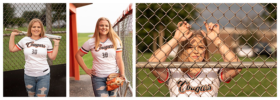 Senior girl pictures with Softball uniform, bat, glove, chain link fence