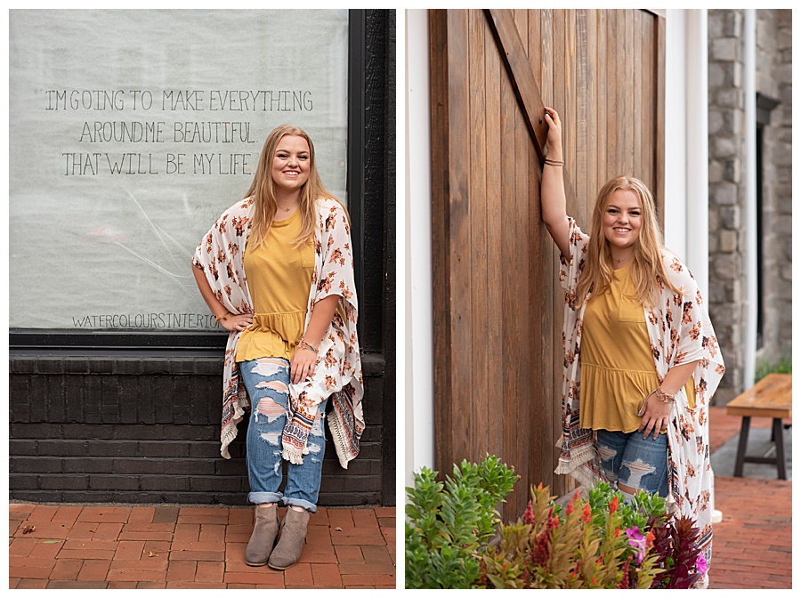Senior pictures with girl in gold shirt, kimono wrap and torn jeans