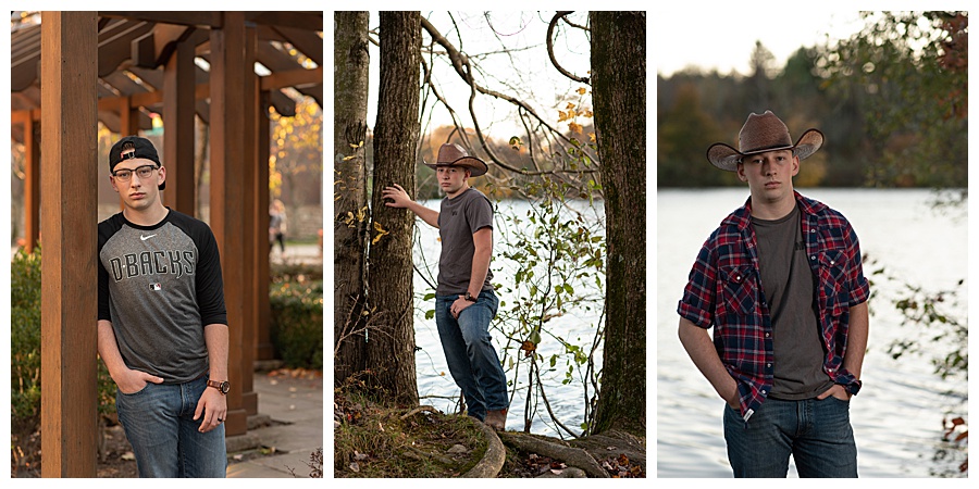 Senior guy at a lake and outdoors under a wooden structure.