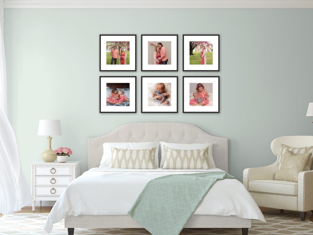 Wall gallery of 6 framed and matted 16x16 portraits.