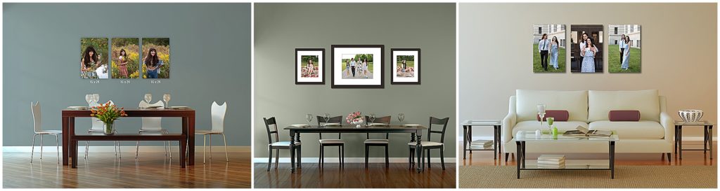Dining room and living room walls decorated with photo collages