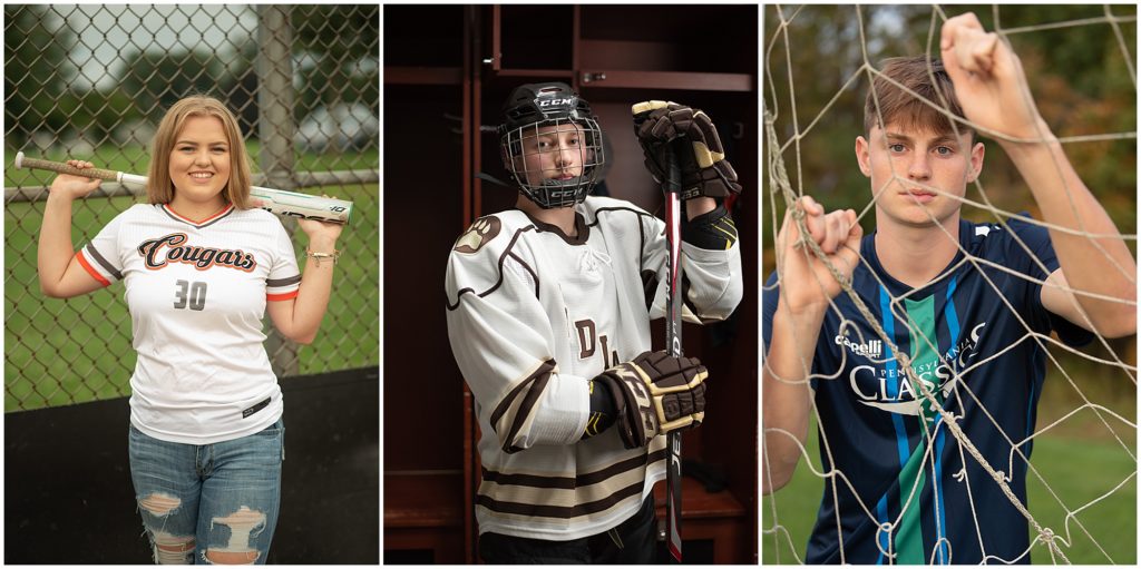 Some examples of Senior photos using Sporting equipment as props;  Molly in her Softball jersey, posed with her bat. Austin in full hockey gear, and Bobby in his soccer jersey peering through the goal net.